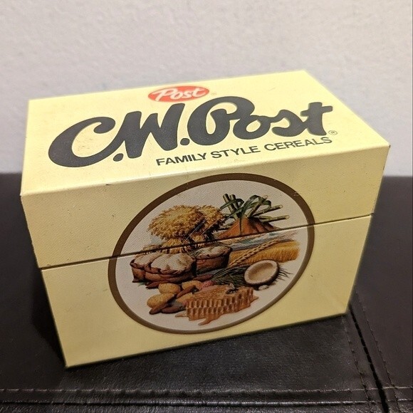 Vintage C.W. Post Cereal Recipe Card Box Tin Metal Advertising Kitchen Decor - Picture 1 of 12